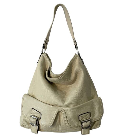 Michael Kors Cream Leather Ranger Hobo Bag Womens Pebbled Slouchy Handbag Purse - Picture 1 of 11